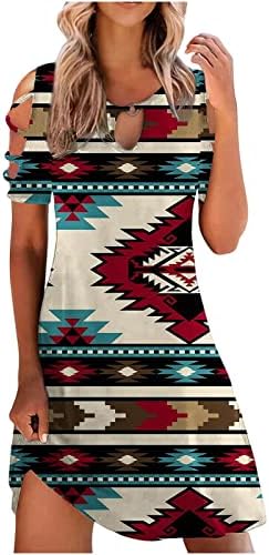 גואוקססי Cold Shoulder Mini Dresses for Women Loose Casual Short Sleeve Print Dress Summer Keyhole Color Block Beach Dress